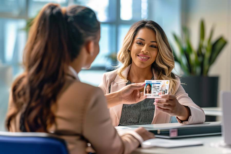 Female Notary sitting at a desk in the foreground holding an ID in front of a female signer